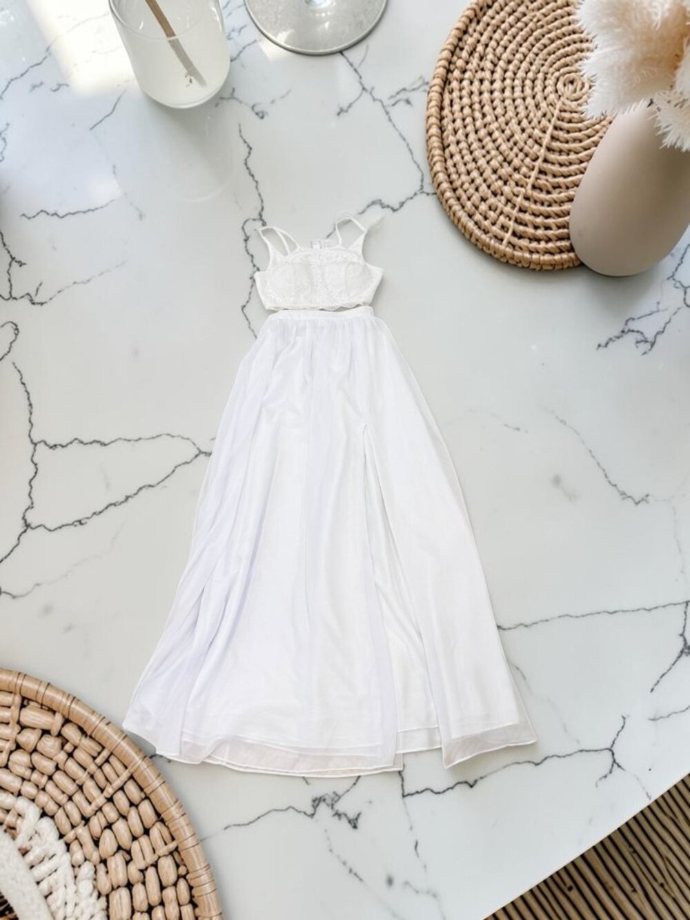 Azazie White 2 Piece Chiffon Maxi Skirt and Lace Bralletee Size 6 - Picture 2 of 14